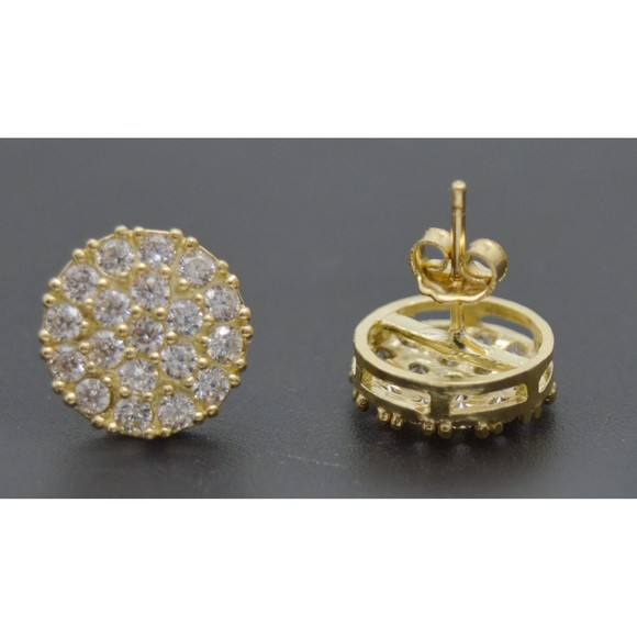 Real 10K Solid Yellow Gold 11.3mm Men CZ Halo Circle Cluster Stud Earrings 2.2gr - Picture 3 of 6